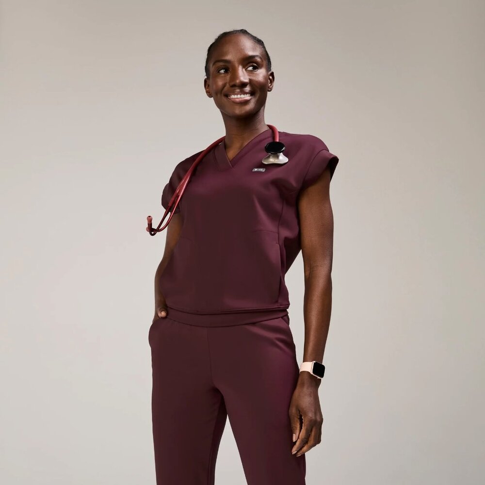 Figs Women's V-neck Scrub FORMx Top in Deep Burgundy